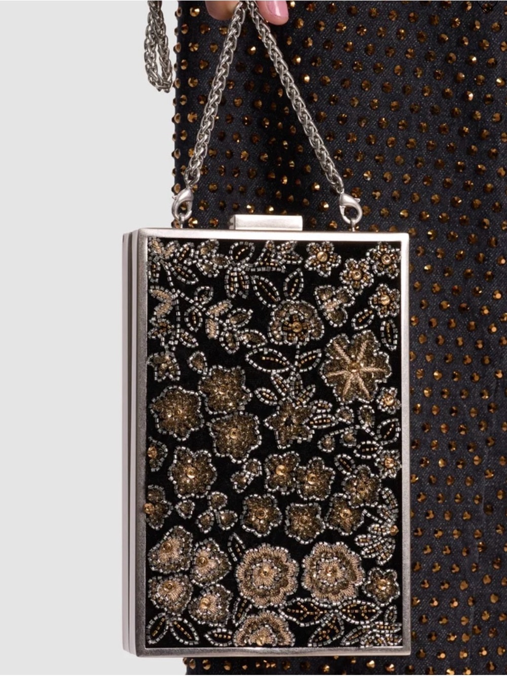 Alice + Olivia NWT Black Box Clutch with Gold & Silver Floral Beading